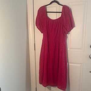 Grace Karin Red Eyelet Midi Dress with Puff Sleeves